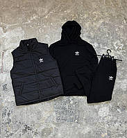 Мужской спортивный костюм Adidas 3в1 весна осень Жилекта + Худи + Штаны черный люкс качество