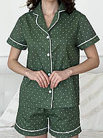 Жіночий домашній комплект з сатину COSY (шорти+сорочка) зелена в горошок