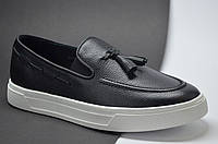 Мужские модные кожаные туфли лоферы черные с белым eD - Ge LF11