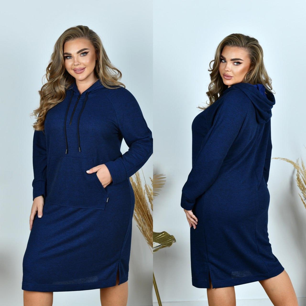 Спортивного стилю сукня-худі з капюшоном і кишенею спереду, батал великі розміри, фото 1