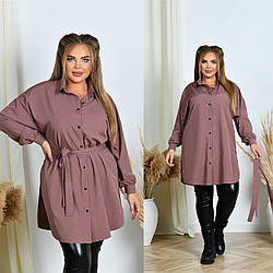 Жіноча простора подовжена сорочка-туніка на ґудзиках і з пояском, батал і супер батал великі розміри