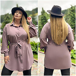 Жіноча простора подовжена сорочка-туніка на ґудзиках і з пояском, батал і супер батал великі розміри