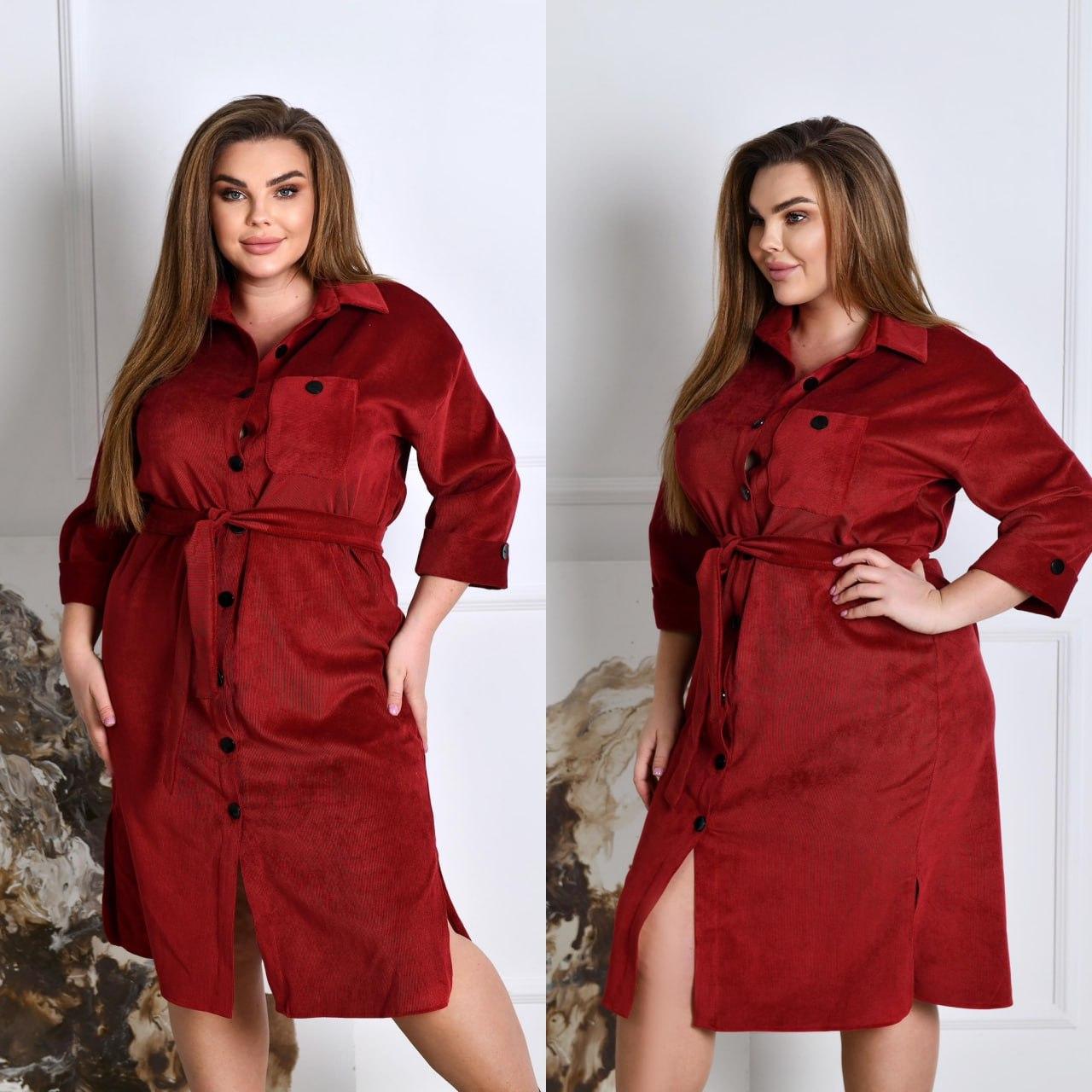 Оригинальное весеннее платье-рубашка из вельвета с пояском, батал и супер батал большие размеры, фото 1