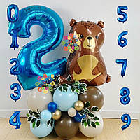 Набор воздушных шаров с цифрой на выбор и подставкой Медвежонок Синий и коричневый