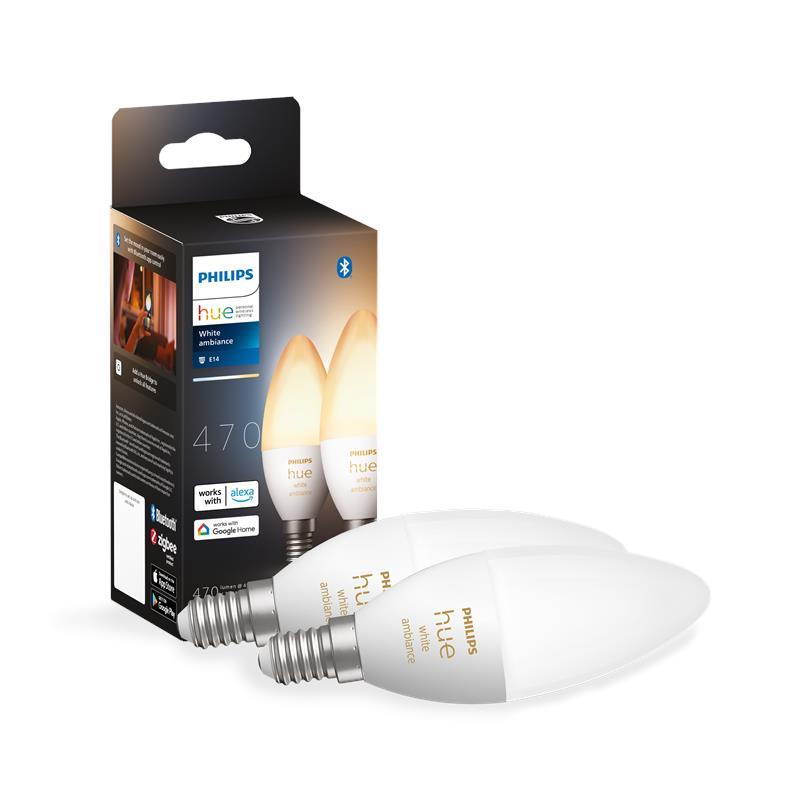 Лампа розумна Philips Hue E14, 5.2W(40Вт), 2200K-6500K, Tunable white, ZigBee, Bluetooth, димування, 2шт