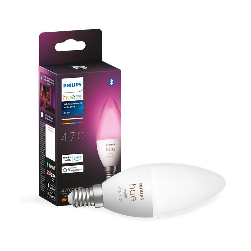 Лампа розумна Philips Hue E14, 5.3W(40Вт), 2000K-6500K, RGB, ZigBee, Bluetooth, димування