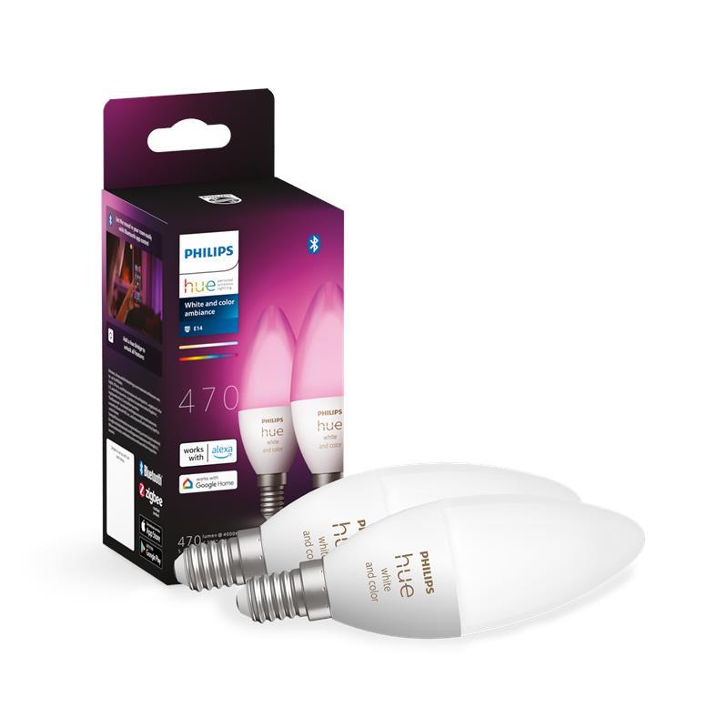 Лампа розумна Philips Hue E14, 5.3W(40Вт), 2000K-6500K, RGB, ZigBee, Bluetooth, димування, 2шт