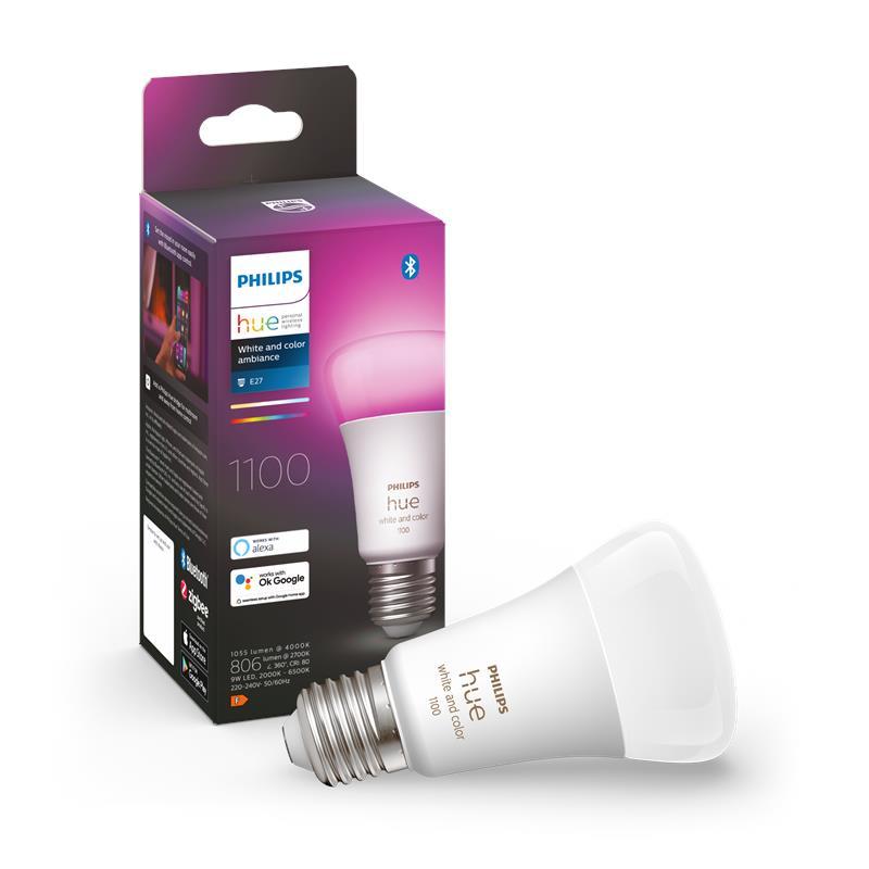 Лампа розумна Philips Hue E27, 11W(60Вт), 2000K-6500K, RGB, ZigBee, Bluetooth, димування