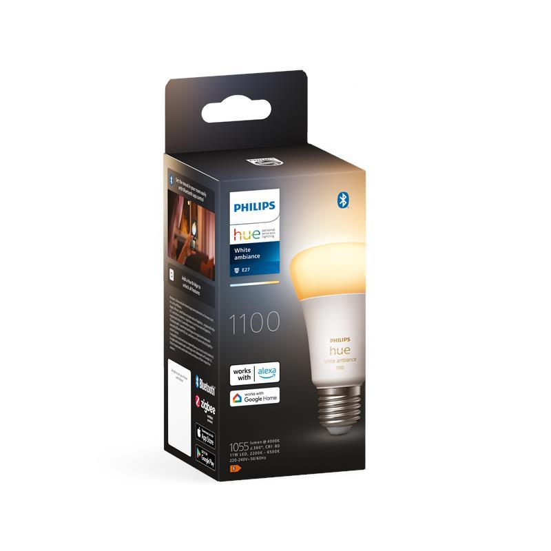 Лампа розумна Philips Hue E27, 11W(60Вт), 2200K-6500K, Tunable white, ZigBee, Bluetooth, димування