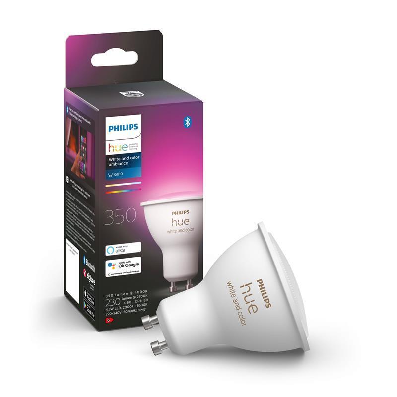 Лампа розумна Philips Hue GU10, 5.7W(50Вт), 2000K-6500K, RGB, ZigBee, Bluetooth, димування