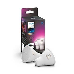 Лампа розумна Philips Hue GU10, 5.7W(50Вт), 2000K-6500K, RGB, ZigBee, Bluetooth, димування, 2шт