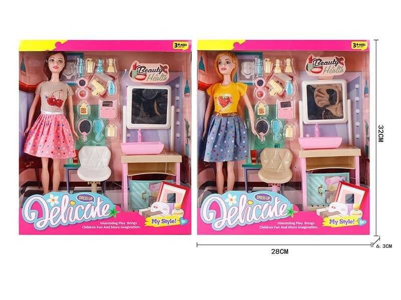 Лялька A 8-116 (48/2) 2 види, умивальник з тумбою, стільчик, набір косметики, висота ляльки 30 см, в коробці