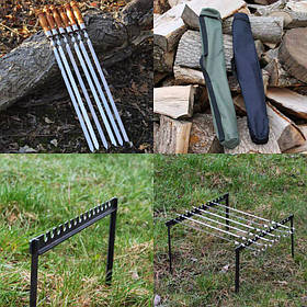 Набір шампурів з деревяними ручками(6 шт.) + Чохол для шампурів + Похідна рамка для шампурів