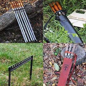 Набір шампурів з деревяними ручками(6 шт.) + Шкіряний чохол для шампурів + Похідна рамка для шампурів