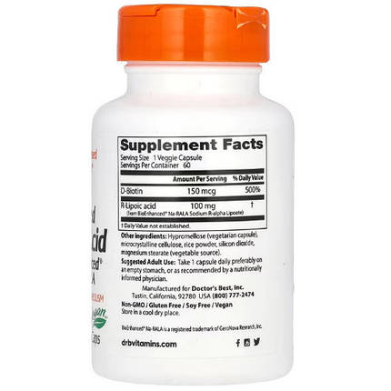Doctor's Best Stabilized R-Lipoic Acid with BioEnhanced Na-RALA 100 mg 60 Veg Caps, фото 3