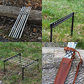 Набір шампурів з металевими ручками(6 шт.), 14 мм + Шкіряний чохол для шампурів + Похідна рамка для шампурів