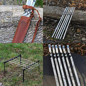 Набір шампурів з металевими ручками(6 шт.), 11 мм + Шкіряний чохол для шампурів + Похідна рамка для шампурів