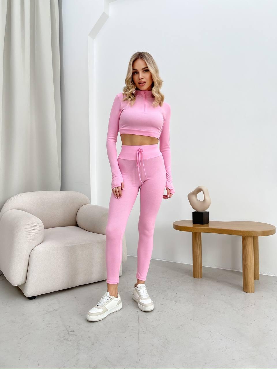 Рожевий Жіночий еластичний фітнес костюм в рубчик: Лосини на високу посадку і вкорочений Топ на змійці, фото 1