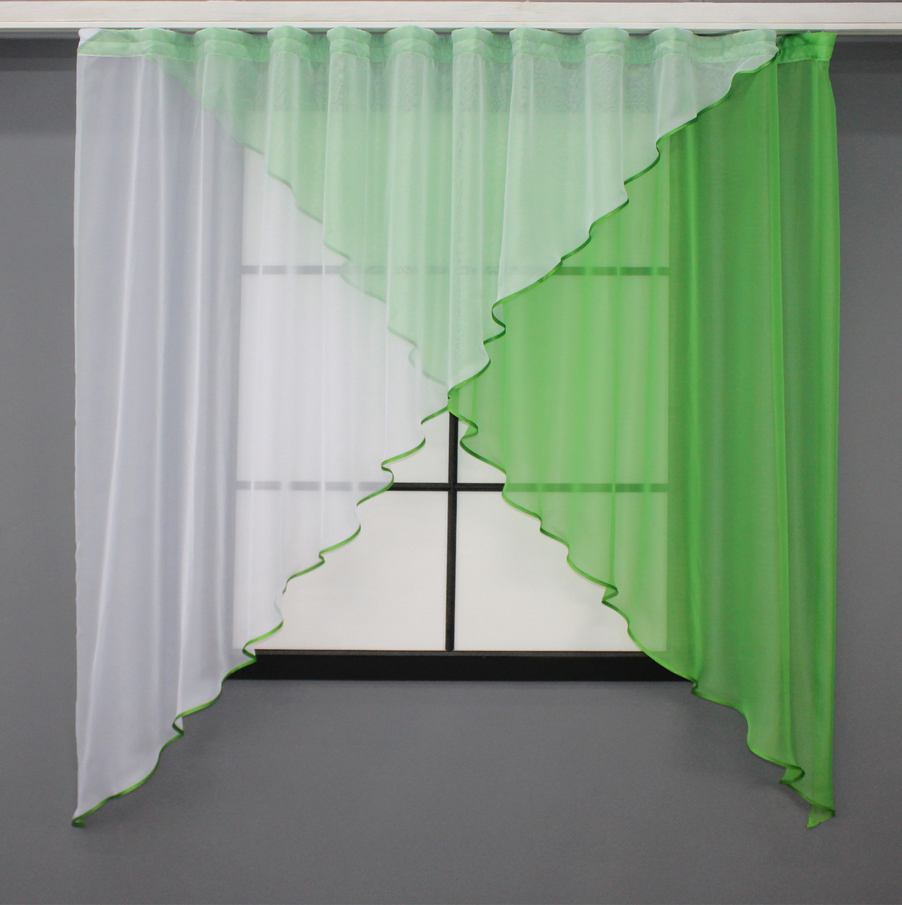 Кухонна завіса (280х170 см) на карниз 1,5-2 м. Колір білий з темно-салатовим. Код 053к 52-0705, фото 1