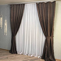 Готовые шторы тюлем Темный шоколад лен модные плотные портьеры для спальни и гостиной с подхватами