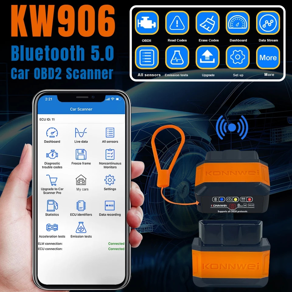Автосканер Konnwei KW906 Supports all OBD ll protocols Orange BT 5.0 для Android та iOS