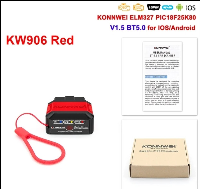 Автосканер Konnwei KW906 Supports all OBD ll protocols Red BT 5.0 для Android та iOS