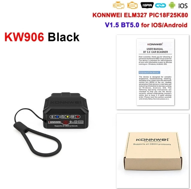 Автосканер Konnwei KW906 Supports all OBD ll protocols black BT 5.0 для Android та iOS