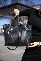 Черная - вместительная сумка с экокожи с имитацией под плетение. Дорогой турецкий материал (0232-8)