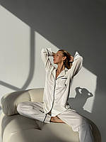 Пижама женская бархатная (рубашка+штаны) на пуговицах, белая, размеры 42,44,46,48