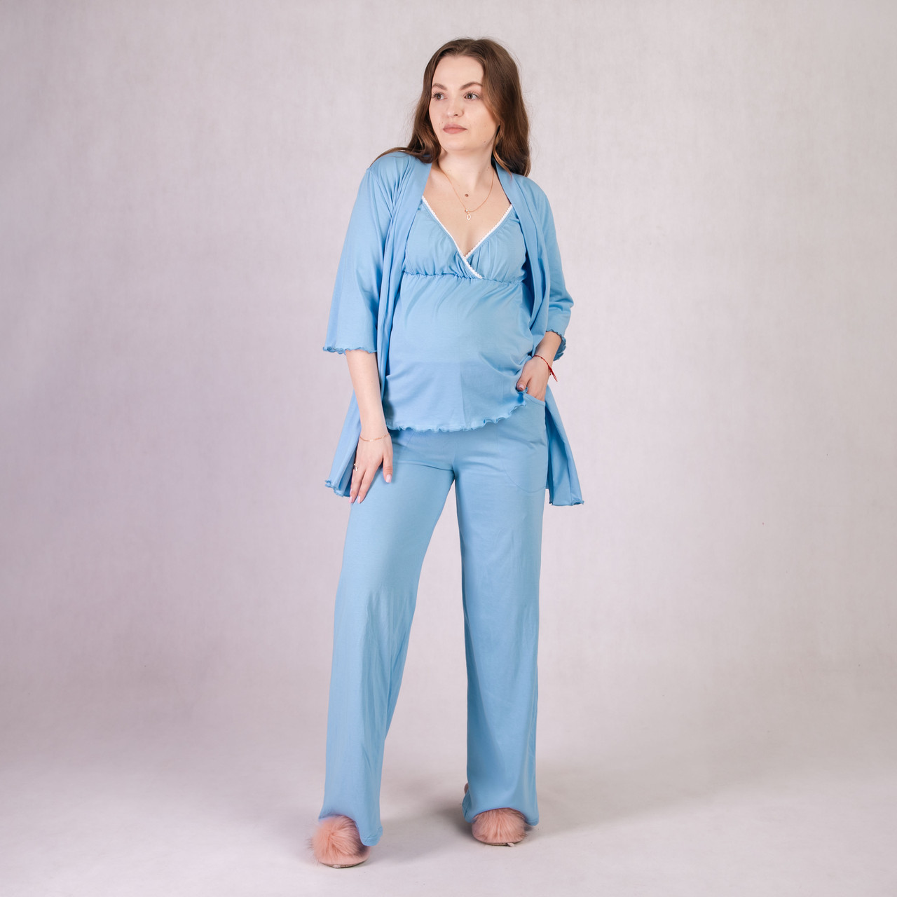 Жіночий комплект 3-ка Халат+штани+майка піньє "Блакитний колір" 46-54р.