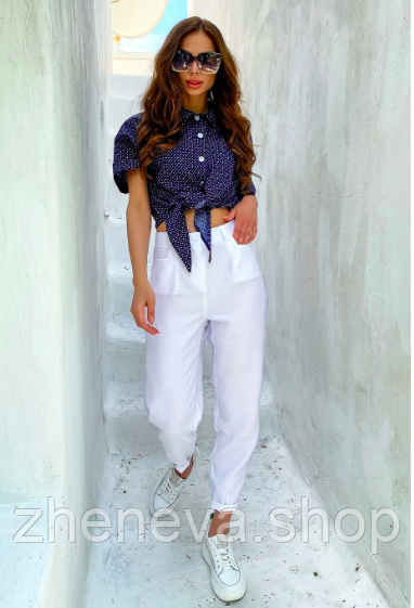 Штани штани банани жіночі білі із завищеною талією з турецького котону, фото 1