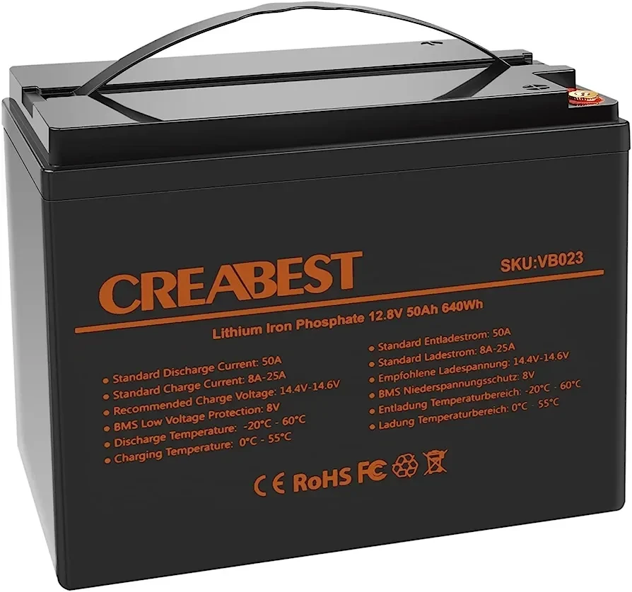 Літієва батарея CREABEST 12,8 В 50 А·год LifePo4 з 3000+ циклів заряджання та захистом BMS Акумулятор