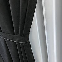 Однотонні штори з мікровелюру з шифоновим тюлем  на люверсах 200*270 см, оксамитові портьєри для спальні Чорний