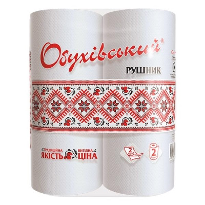 Рушник Обухівський білий двошаровий в рулоні, 2шт/пак, фото 1