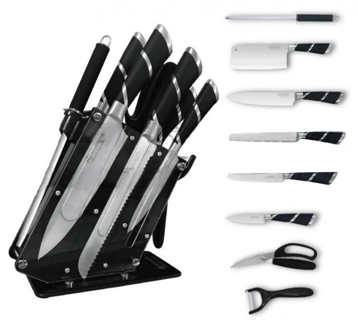 Набір ножів з ножицями та сокирою з нержавіючої сталі Edenberg 9 предметів з підставкою (EB-3613)