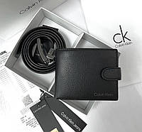 Подарочный набор мужской из натуральной кожи кошелек и ремень двухсторонний Calvin Klein в коробочке