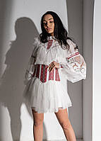 Платье - вышиванка женское короткое с украинской символикой, в этническом стиле, вышитое, бренд, Белый, S