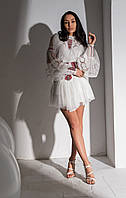 Платье - вышиванка женское короткое с украинской символикой, в этническом стиле, вышитое, бренд, Белый, M