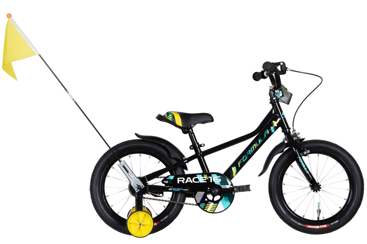 Детский велосипед двухколесный с дополнительными колесами Formula RACE 16" чорний з жовтим з крилом Pl 2022