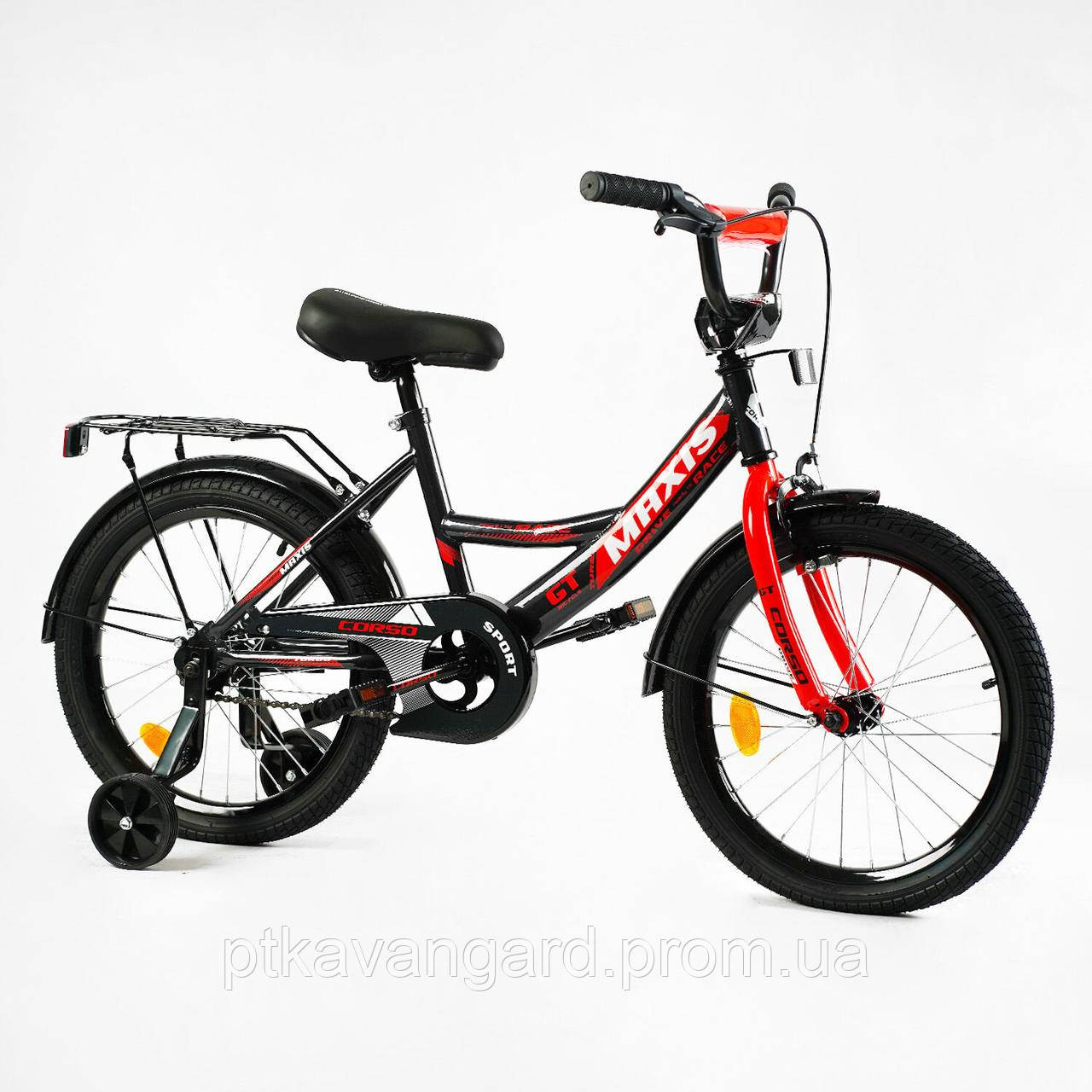 Велосипед дитячий 18" дюймів на 6-8 років, рост 110-135, додаткові колеса, Corso Maxis чорно-червоний