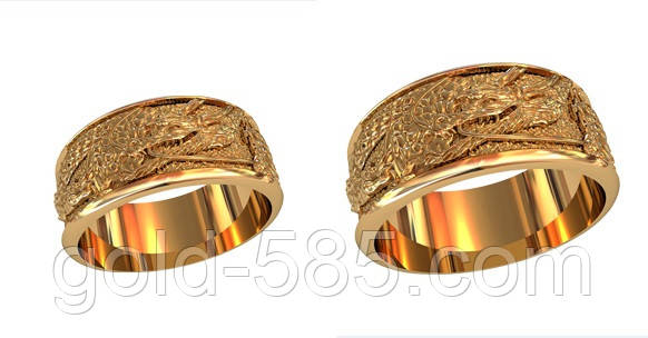 Золотые обручальные кольца 585* пробы с сюжетом на шероховатой поверхности - фото 1 - id-p390232372