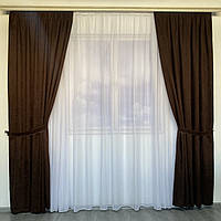 Готовые шторы микровелюр с тюлем на тесьме однотонные коричневые, темно-шоколадного цвета, высота 270