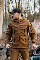 Тактическая флисовая куртка с капюшоном койот Армейская флиска на молнии с липучками