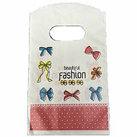 Пакет поліетиленовий подарунковий біло рожевого кольору в цяточку з бантиками розмір 15х9 см паковання 50 штук