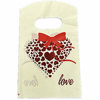 Пакет поліетиленовий подарунковий лимонного кольору з серцем і написом розмір 15х9 см паковання 50 штук