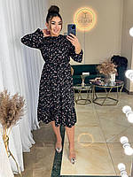 Стильна жіноча легка ошатна базова сукня міді пояс гумка квітковий принт софт з довгим рукавом OS