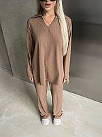 Женский базовый весенний прогулочный костюм турецкий рубчик кофта свободного кроя широкие штаны палаццо Кемел,