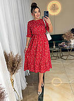 Стильное женское легкое нарядное базовое платье миди пояс резинка цветочный принт софт с длинным рукавом OS 50/52, Красный