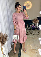 Стильное женское легкое нарядное базовое платье миди пояс резинка цветочный принт софт с длинным рукавом OS 50/52, Розовый