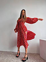 Стильное женское нарядное платье миди цветочный принт софт с длинным рукавом шнуровка на спине с разрезом OS 42/44, Красный